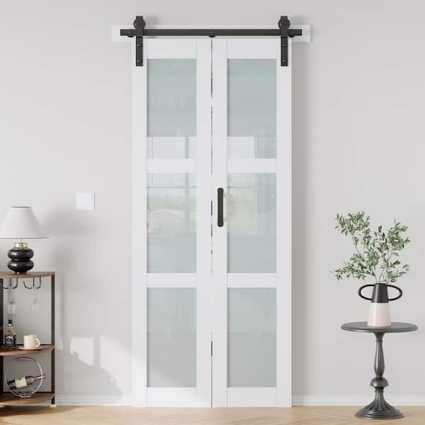 36 in. x 84 in. 3/4 Lite Frosted Glass Solid Core MDF White PVC Bi-fold Door with Hardware