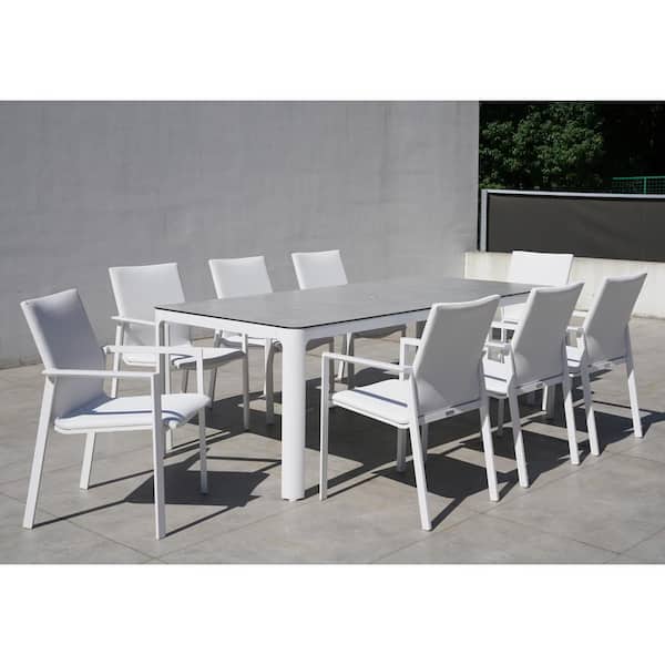 BELLINI HOME AND GARDENS Versailles White 9-Piece Aluminum Outdoor Dining Set with Sling Set in White