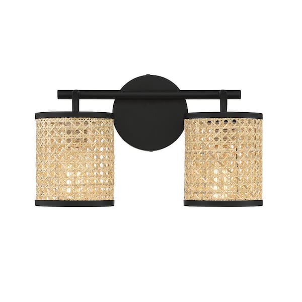 Savoy House Jaylar 15 in. W x 8.5 in. H 2-Light Matte Black Bathroom Vanity Light with Woven Cane Shades