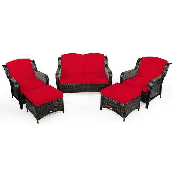 ANGELES HOME 5-Piece PE Wicker Outdoor Sofa Set Patio Conversation Ottoman Set with Red Cushions