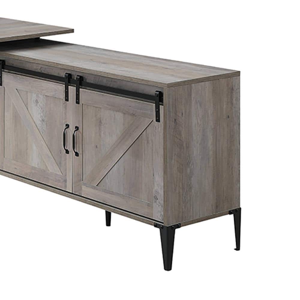 Gray Oak L-Shaped Desk with Sliding Barn Doors