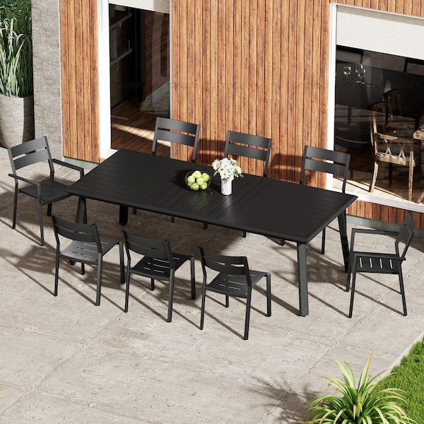 Crestlive Products Black 9-Piece Metal Outdoor Dining Set with 93.9 in. x 41.7 in. Dining Table with Umbrella Hole and Stackable Chairs