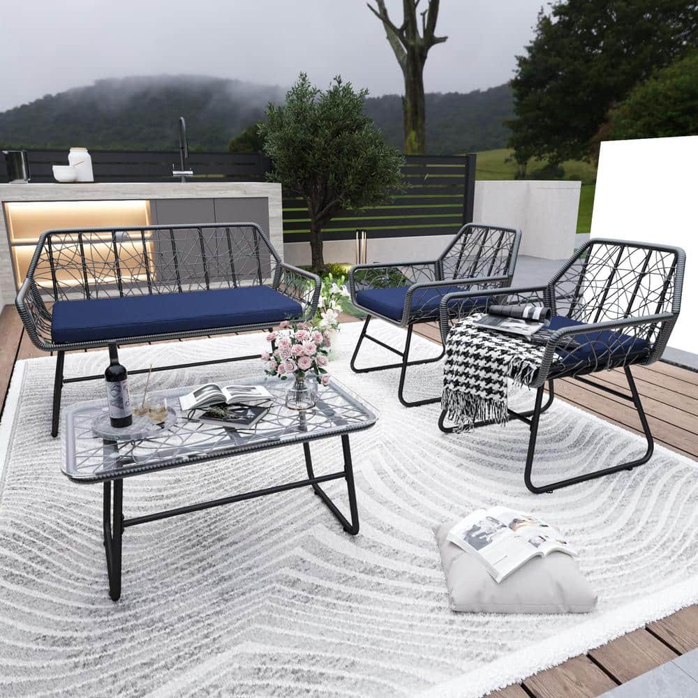 4-Pieces Metal Patio Conversation Set, Outdoor Bistro Set with Blue Cushion