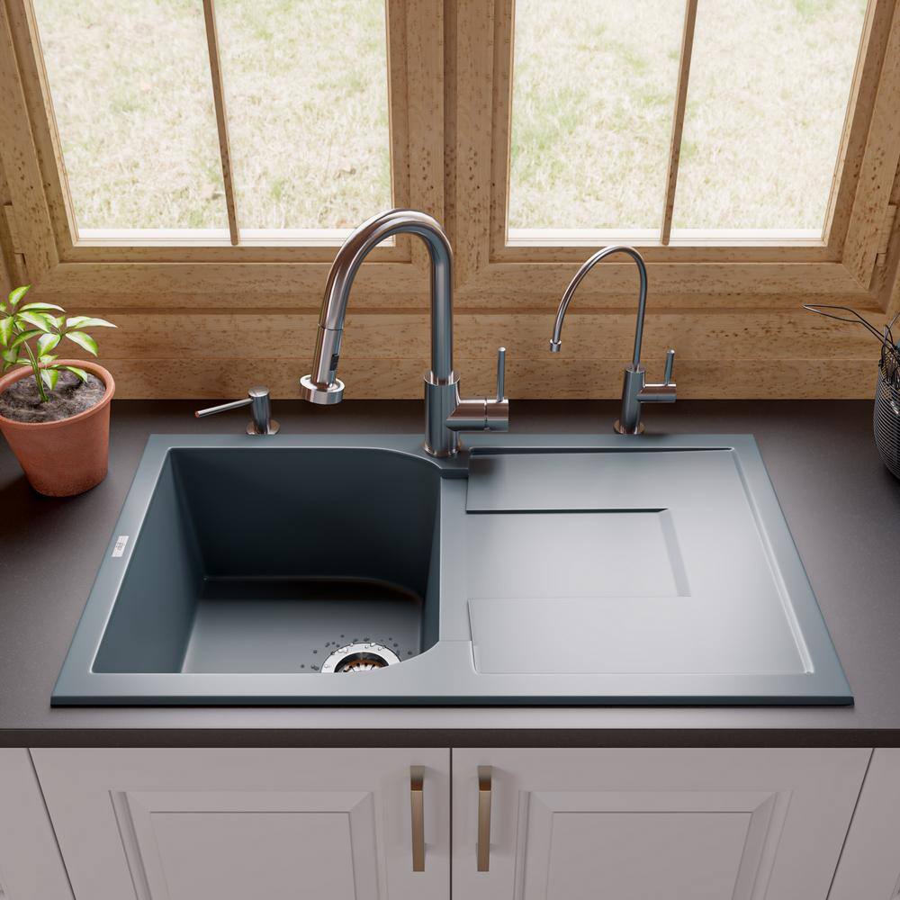 Titanium Gray Granite Single Bowl Kitchen Sink with Drainboard