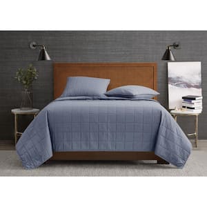 Garment Wash Solid 3-Piece Blue Microfiber King Quilt Set