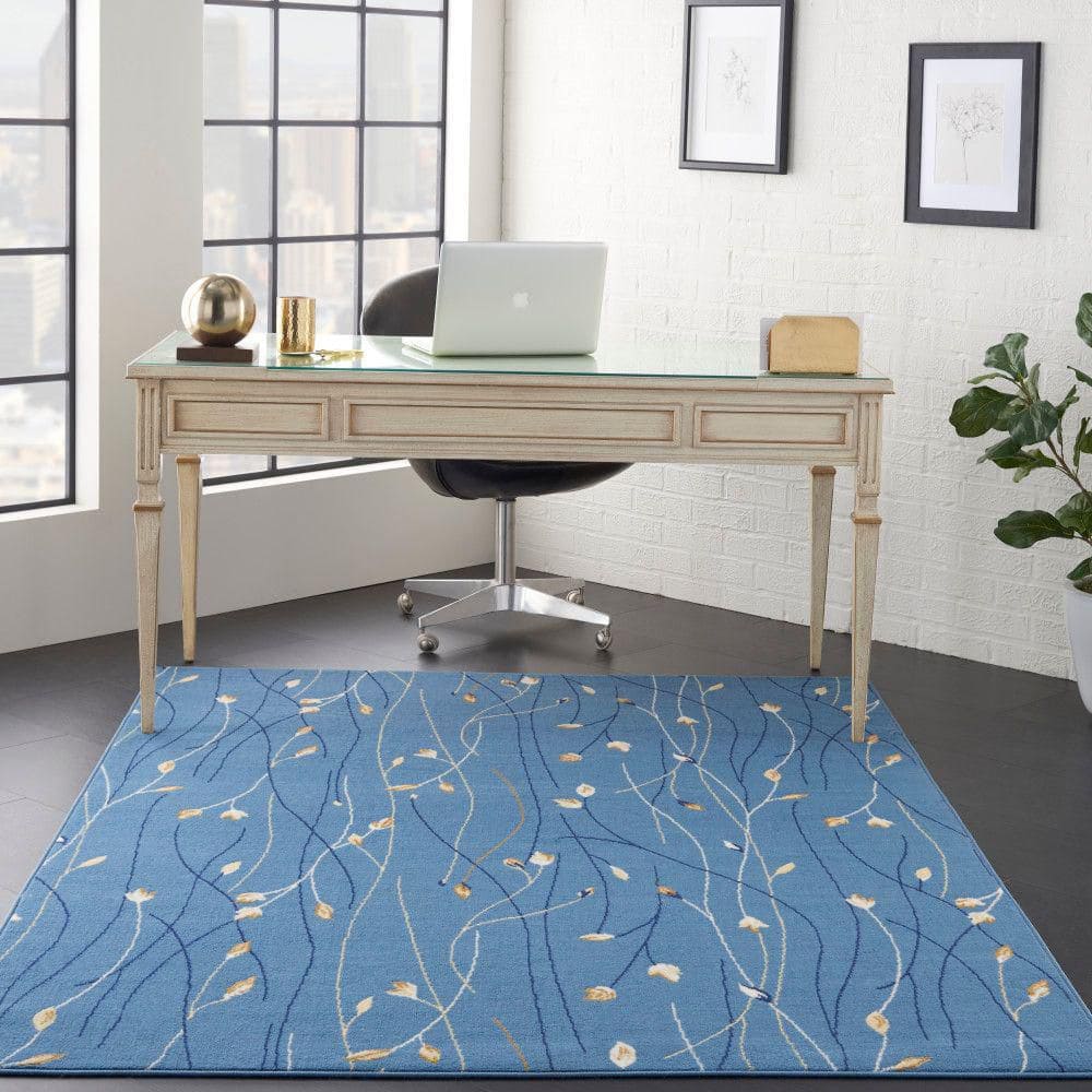 Light Blue Floral Synthetic 5' x 7' Area Rug