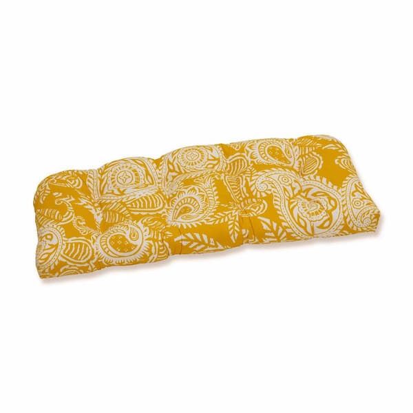 Pillow Perfect Paisley Rectangular Outdoor Bench Cushion in Yellow/Ivory Addie