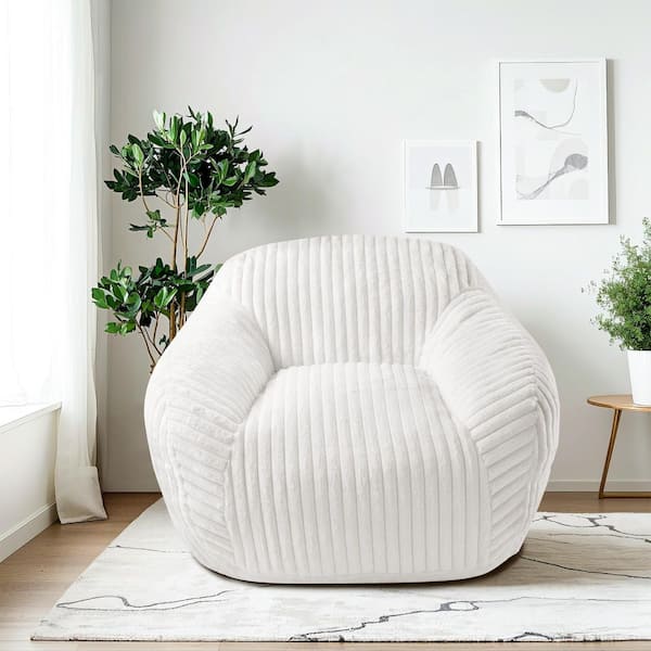 Oversized Beige Fabric Faux Rabbit Fur Accent Chair Comfy Bean Bag Chair with Wide Armrests