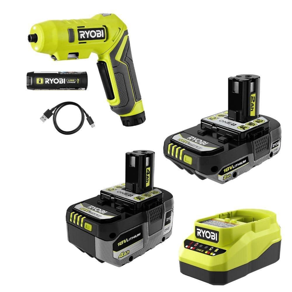 RYOBI ONE+ 18V Lithium Starter Kit w/ (1) 2Ah Battery, (1) 4Ah Battery & Charger w/ USB Lithium Screwdriver Kit (PSK1212FVD50K)