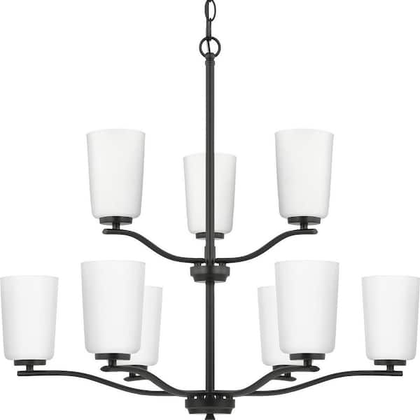 Progress Lighting Adley Collection 9-Light Matte Black Etched White Glass New Traditional Chandelier