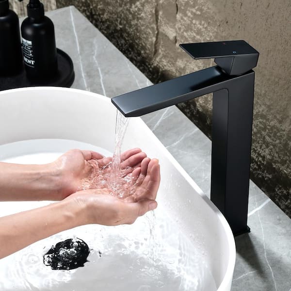 Single Handle Vessel Sink Faucet with Pop-Up Drain, Tall Single Hole Bathroom Faucet in Matte Black
