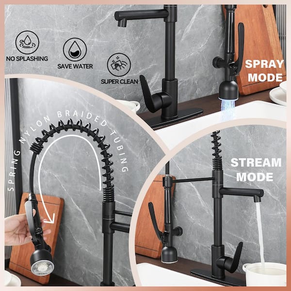 Matte Black 23.2 in. H Pull Out Sprayer Kitchen Faucet with LED Pull Down Sprayer 360 Degree Spout Swivel