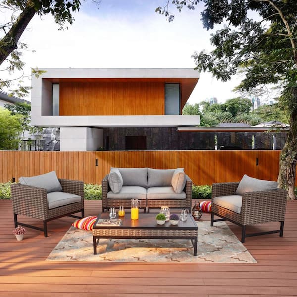 Patio Festival Right-Angle 5-Piece Wicker Patio Conversation Seating Set with Gray Cushions