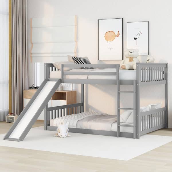 Sawyer Grey Full Over Full Size Bunk Bed with Slide, Ladder, Pine