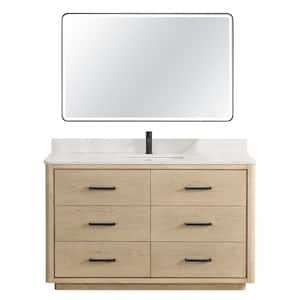 Porto 55 in. W x 22 in. D x 33.8 in. H Single Sink Bath Vanity in Natural Oak with White Quartz St1 Top and Mirror