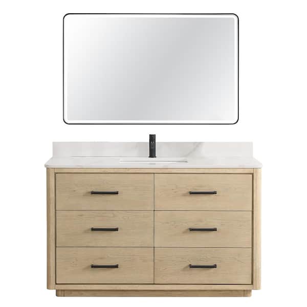 ROSWELL Porto 55 in. W x 22 in. D x 33.8 in. H Single Sink Bath Vanity in Natural Oak with White Quartz St1 Top and Mirror