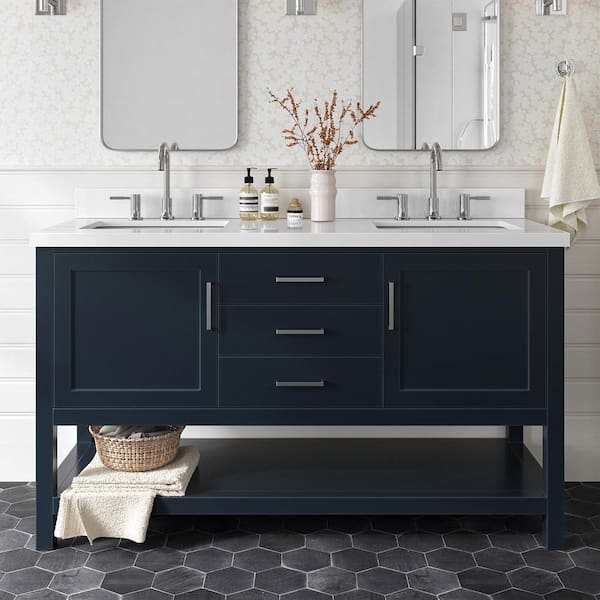 ARIEL Bayhill 61 in. W x 22 in. D x 36 in. H Bath Vanity in Midnight Blue with Pure Pure White Quartz Top