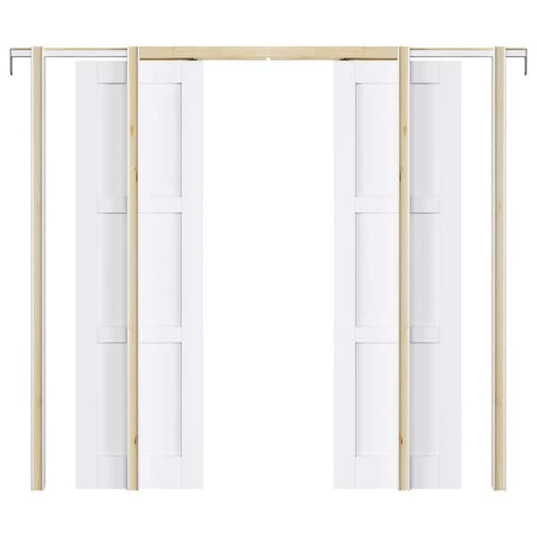ARK DESIGN 48 in. x 80 in. White Primed 3 Lite MDF Door with Solid Core Pocket Sliding Door Frame with Hardware and Soft Close