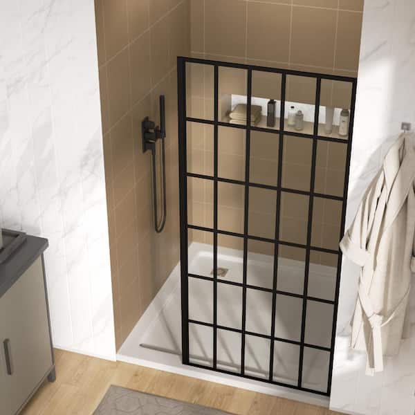 38 in. W x 72 in. H Fixed Single Panel Frameless Shower Door/Enclosure in Matte Black with Open Entry Design