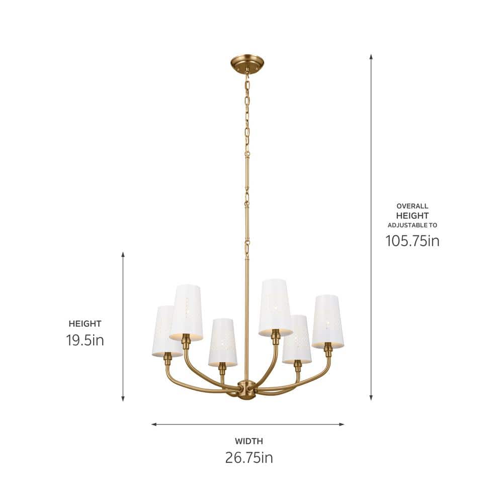 Adeena 26.75" Brushed Brass Traditional 6-Light Chandelier with White Shades