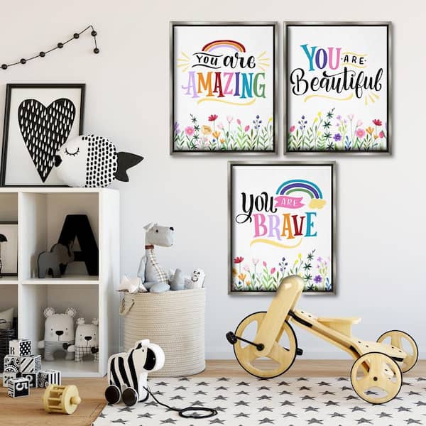 Confidence Sentiments with Florals by Kim Allen 3 Piece Gray Floater Frame Typography Graphic Art Print 31 in. x 25 in.