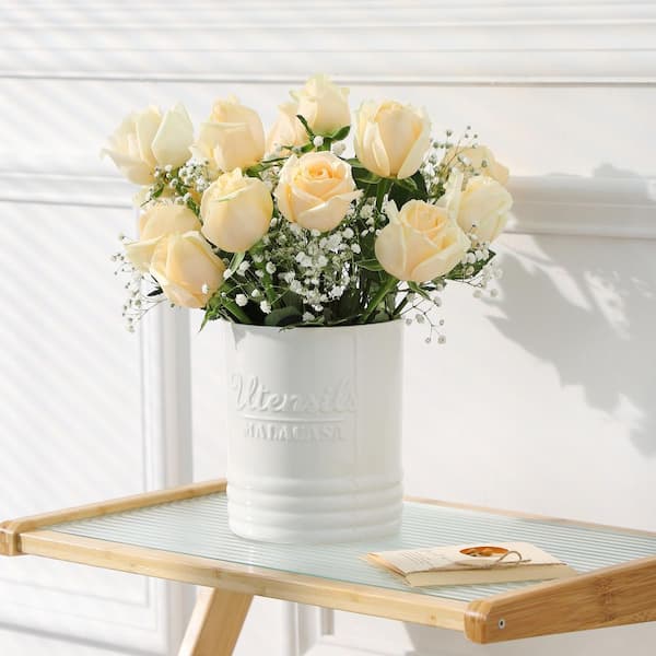 White Porcelain Kitchen Utensils Holder Utensil Crock Utensil Organizer Cylinder