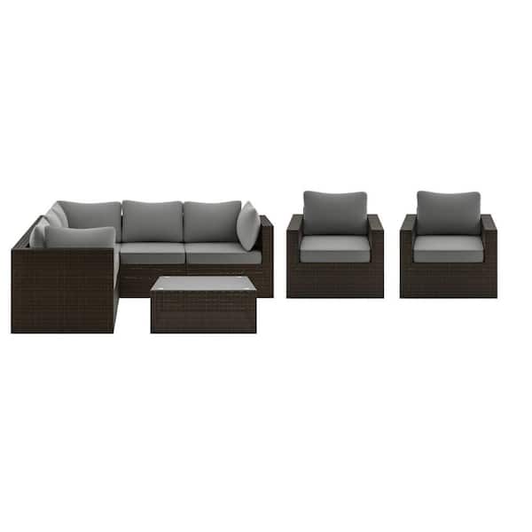 HOMESTYLES Cape Shore Brown 4-Piece Wicker Rattan Outdoor Sectional and 2 Chairs with Gray Cushions and Table