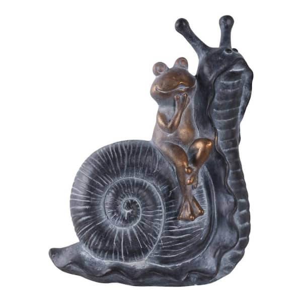 15 in. x 19 in. Gray Resin Gold Frog On Snail Garden Statue