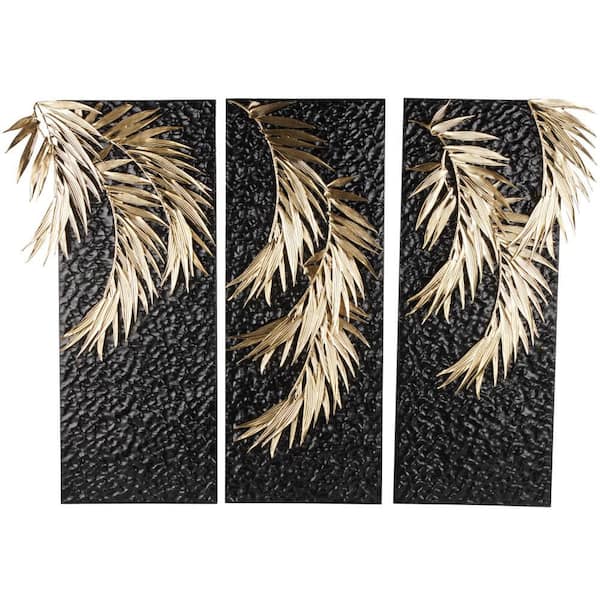 Litton Lane 79 in. x 38 in. Black Abstract Wall Metal Work with Gold Accents (Set of 3)