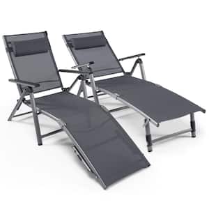 2-Piece Folding Aluminum Metal Outdoor Chaise Lounge Chair Adjustable Back Armrest Headrest