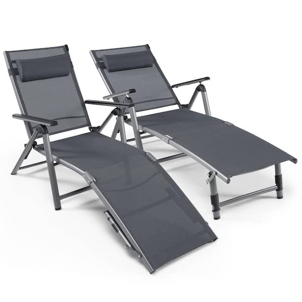 Cozy Aluminum Folding Outdoor Reclining 7 Adjustable Chaise Lounge Chair  with Drink Holder Beige (2-Pack)