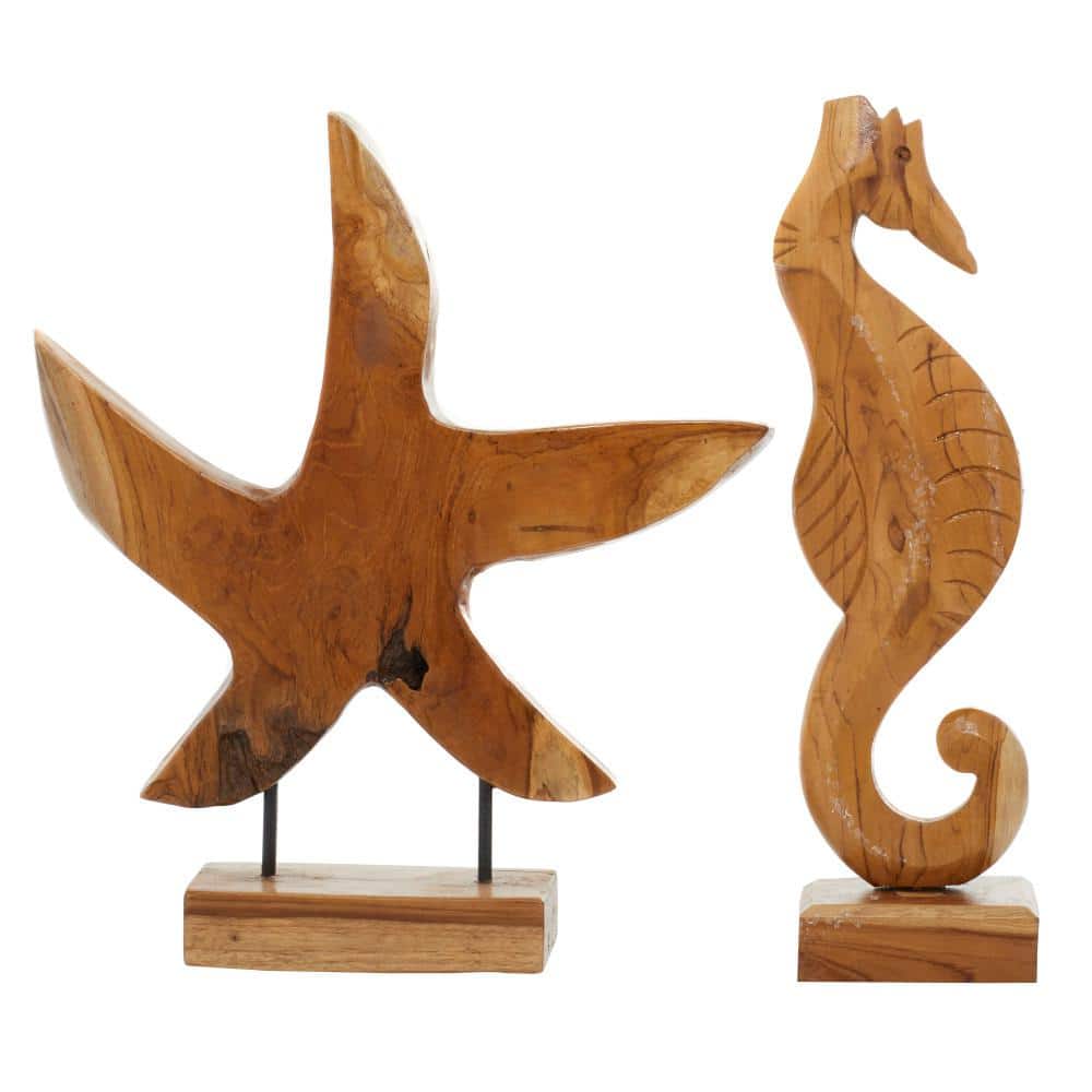Coastal Teak Wood Sculpture Set, 17" Brown