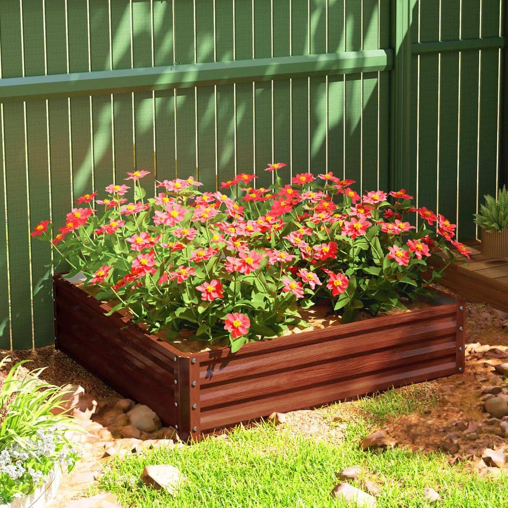 Natural Wood and Galvanized Steel Outdoor Raised Garden Bed