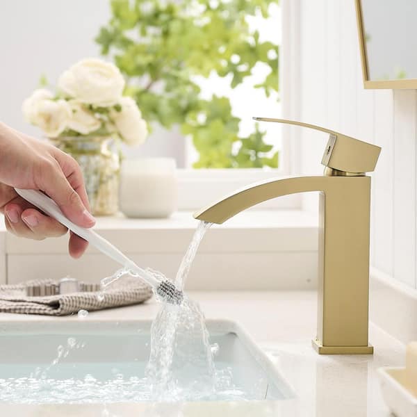 Single Handle Single Hole Bathroom Faucet, Waterfall Bathroom Sink Faucet in Brushed Gold