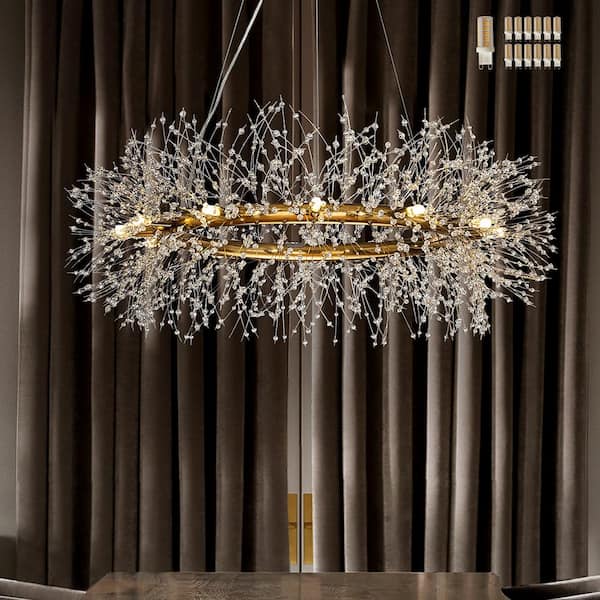 ALOA DECOR 39 in. 12-Light Modern Firework Gold Crystal Chandelier Glam Round Pendant Light Fixture for Dining Room with LED Bulb