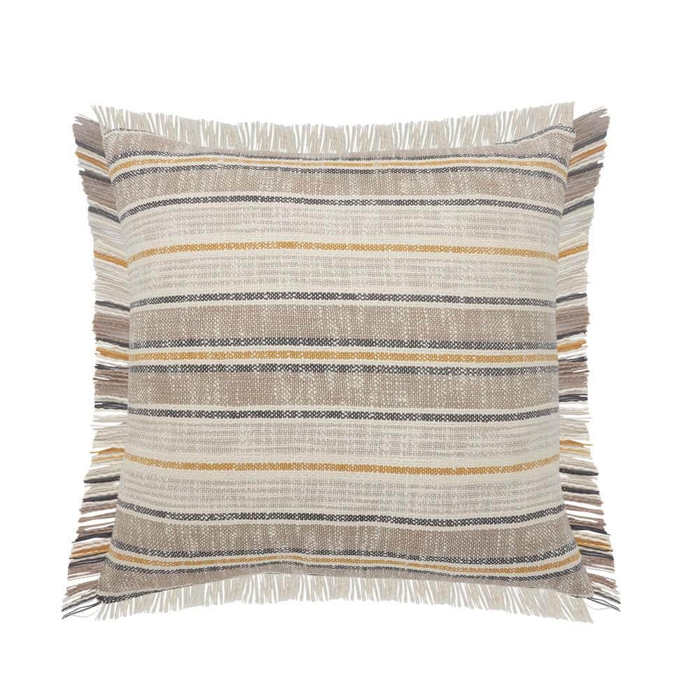 Angelica Taupe / Gray Striped Fringed Casual Soft Poly-fill 20 in. x 20 in.