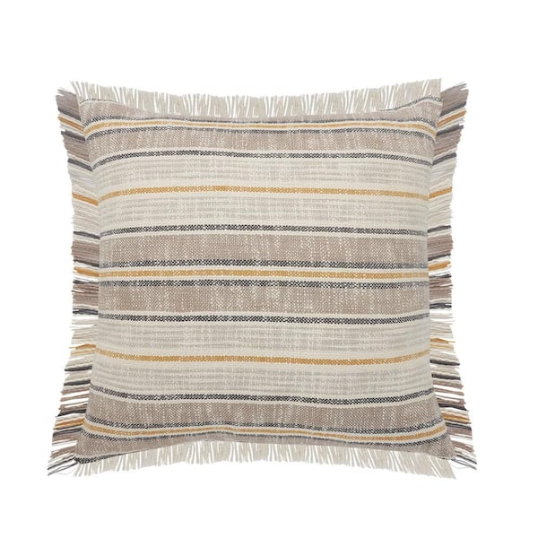Unbranded Angelica Taupe / Gray Striped Fringed Casual Soft Poly-fill 20 in. x 20 in. Indoor Throw Pillow