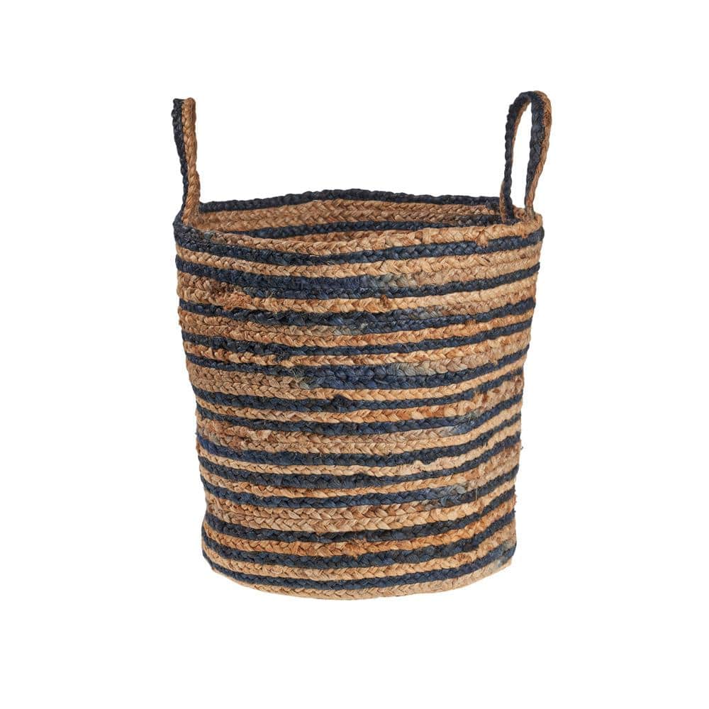 Wonder Striped Braided Navy Blue Natural Jute Storage Decorative Basket wit