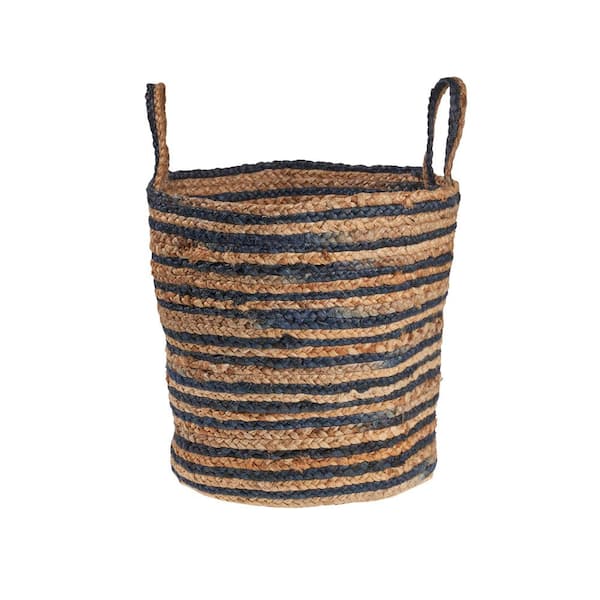 Unbranded Wonder Striped Braided Navy Blue Natural Jute Storage Decorative Basket with Handles
