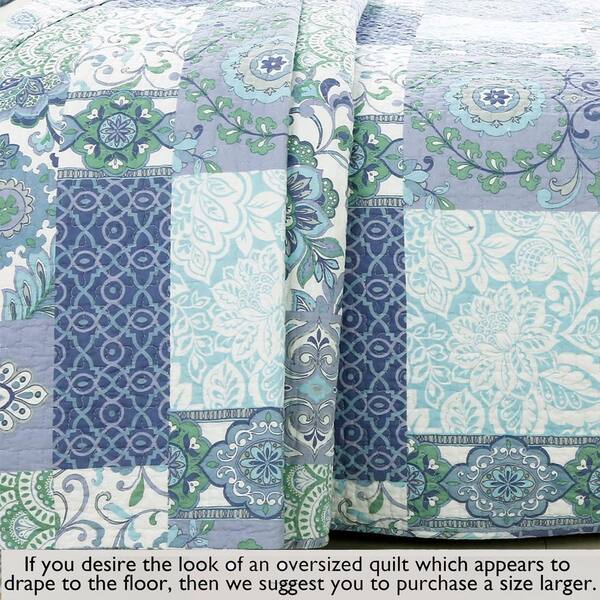 Blue Fleur-De-Lis Stylish Floral 3-Piece Aqua Blue Patchwork Cotton King  Quilt Bedding Set