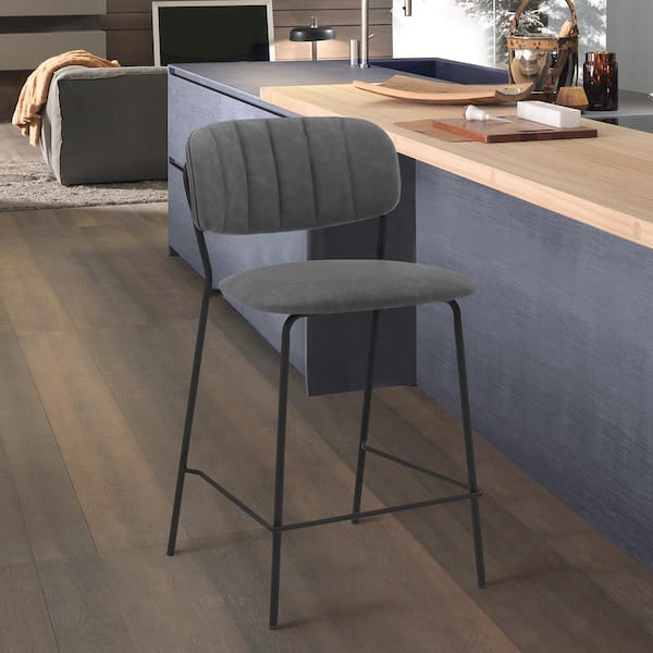 Armen Living Carlo 26 in. Grey Faux Leather and Black Metal Counter Height Bar Stool