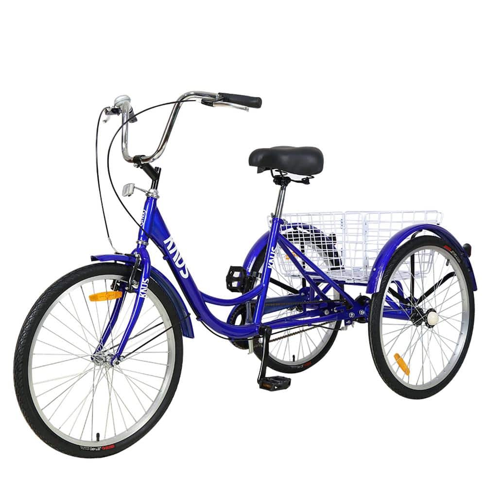 24 in. Blue Tricycle 3-Wheel Bike with Large Shopping Basket for Women and Men, Blues