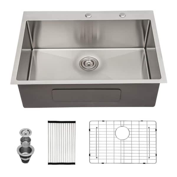 33 in. Drop-in Single Bowl 16-Gauge Brushed Nickel Stainless Steel Kitchen Sink with Drain