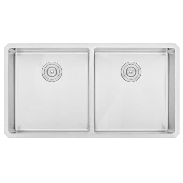 eModernDecor Undermount Stainless Steel 37 in. x 20 in. x 10 in. 16-Gauge 50/50 Double Bowl Kitchen Sink