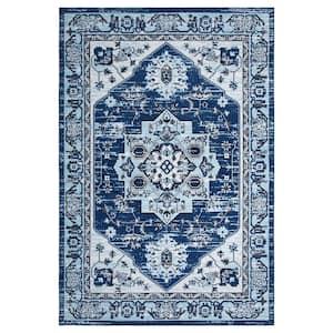 Navy 6 ft. x 9 ft. Washable Floral Indoor Entryway Area Rug