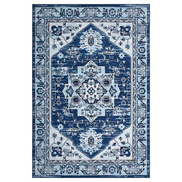Garvee Navy 6 ft. x 9 ft. Washable Floral Indoor Entryway Area Rug
