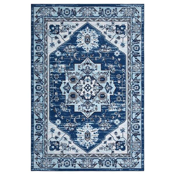 Garvee Navy 2 ft. x 3 ft. Washable Floral Indoor Entryway Area Rug