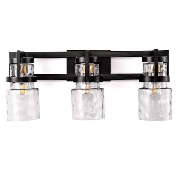 28 in. 3-Light Black and Gold Industrial Vanity Light with Water Glass Cylinders for Vanity Powder Room Dressing Room