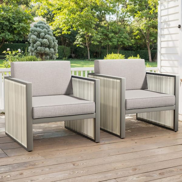 Modern Industrial Porch Light Beige Wicker Outdoor Lounge Chair with Olefin Light Gray Cushions (2-Pack)