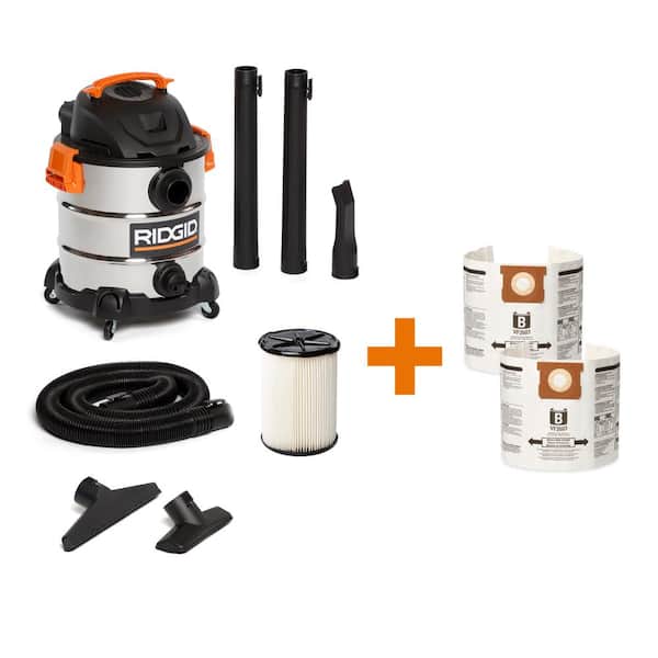 RIDGID 10 Gallon 6.0 Peak HP Stainless Steel Wet/Dry Shop Vacuum with Filter, Dust Bags, Locking Hose and Accessories